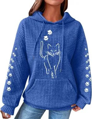 2024 Waffle Knit Hoodies for Women Cute Cat Graphic Long Sleeve Drawstring Sweatshirts Trendy Oversized Pullover Tops