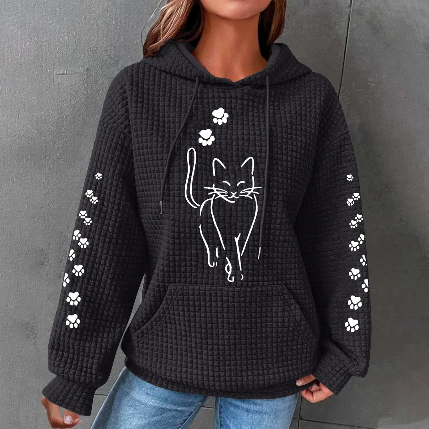 2024 Waffle Knit Hoodies for Women Cute Cat Graphic Long Sleeve Drawstring Sweatshirts Trendy Oversized Pullover Tops