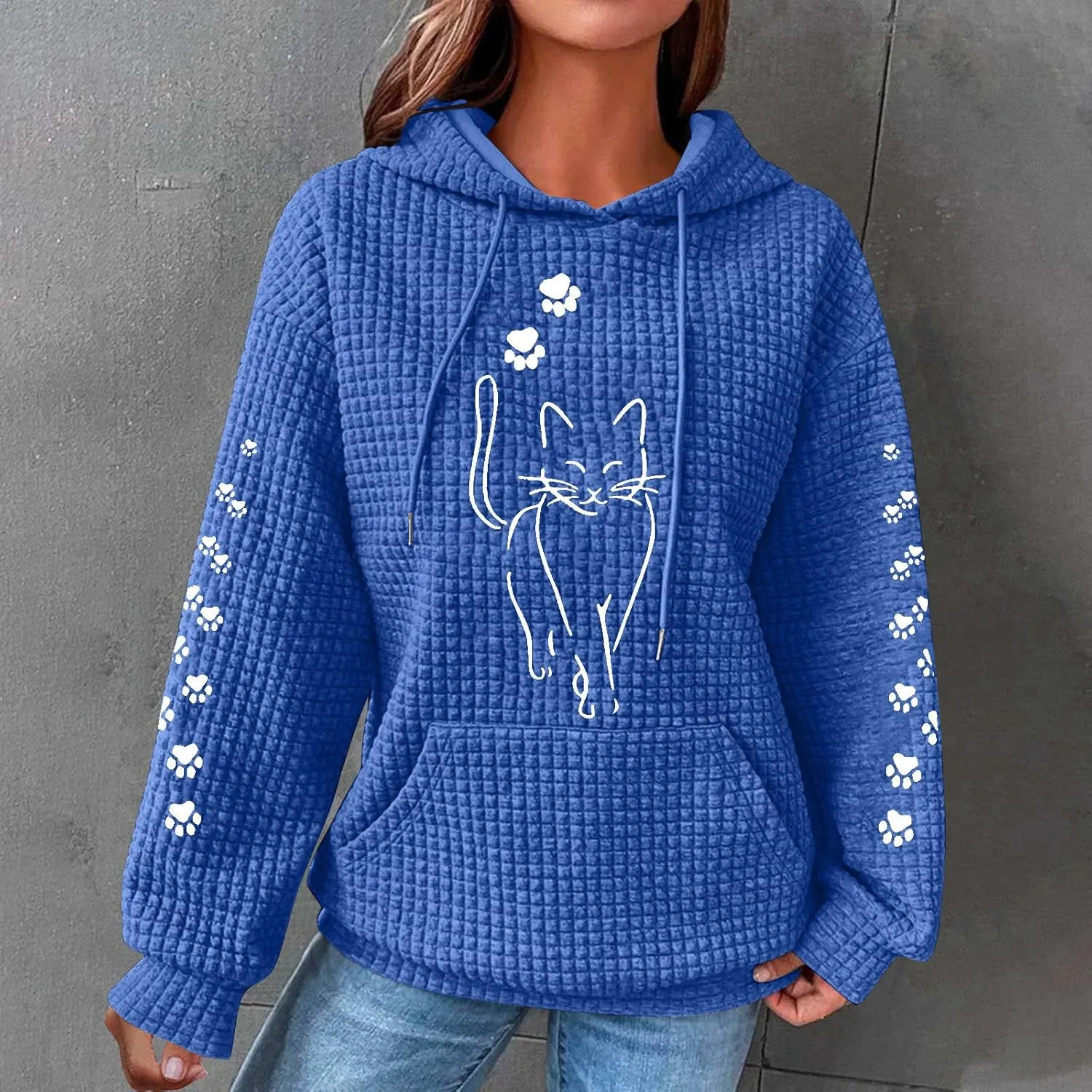 2024 Waffle Knit Hoodies for Women Cute Cat Graphic Long Sleeve Drawstring Sweatshirts Trendy Oversized Pullover Tops