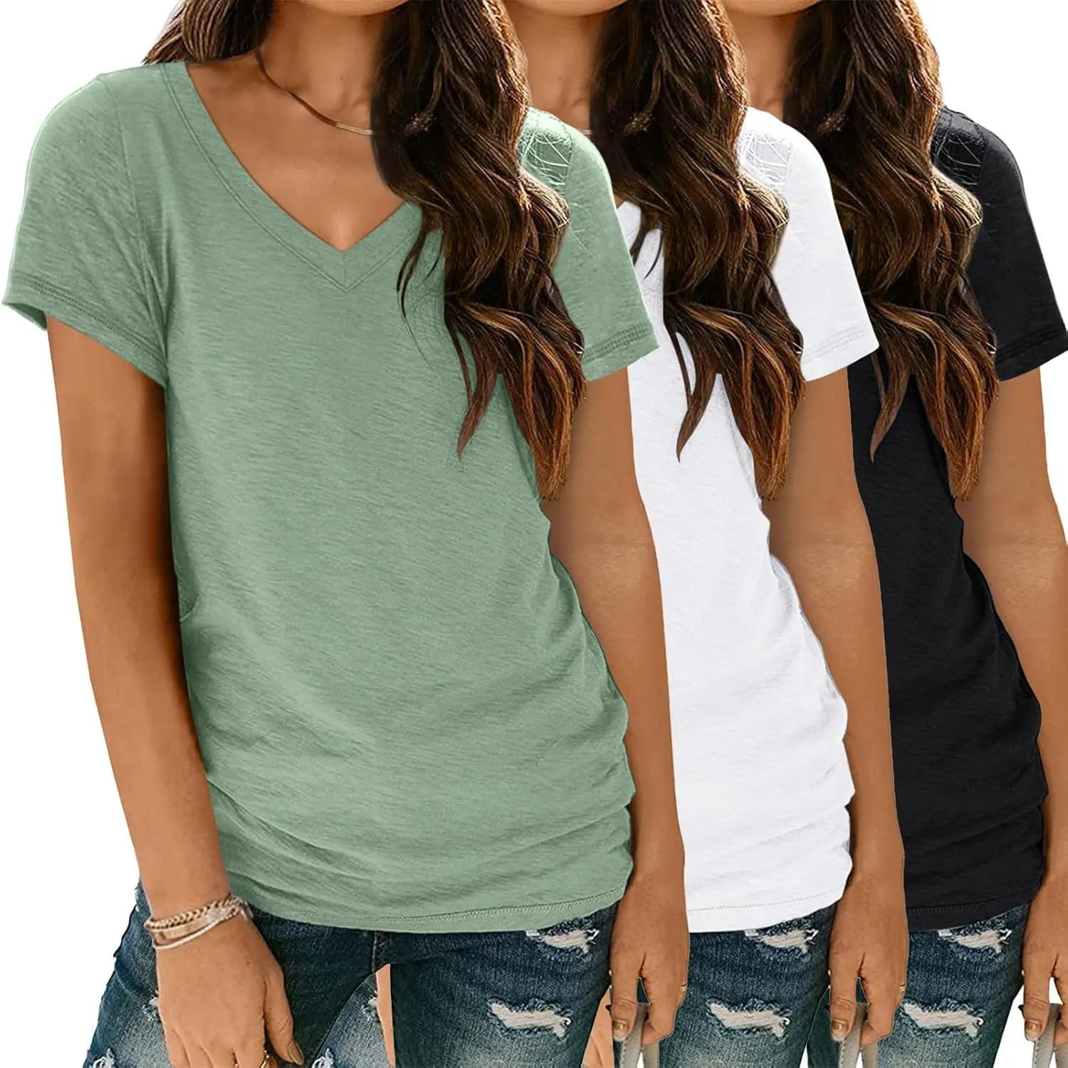 3 Pack V Neck T Shirts for Women Short Sleeve Tshirts Summer Casual Tops Loose Fit Basic Tees