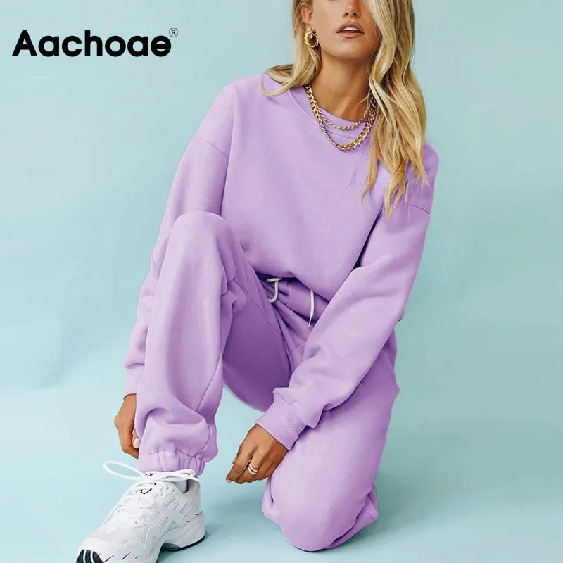 Aachoae Solid Casual Tracksuit Women Sports 2 Pieces Set Sweatshirts Pullover Hoodies Suit 2020