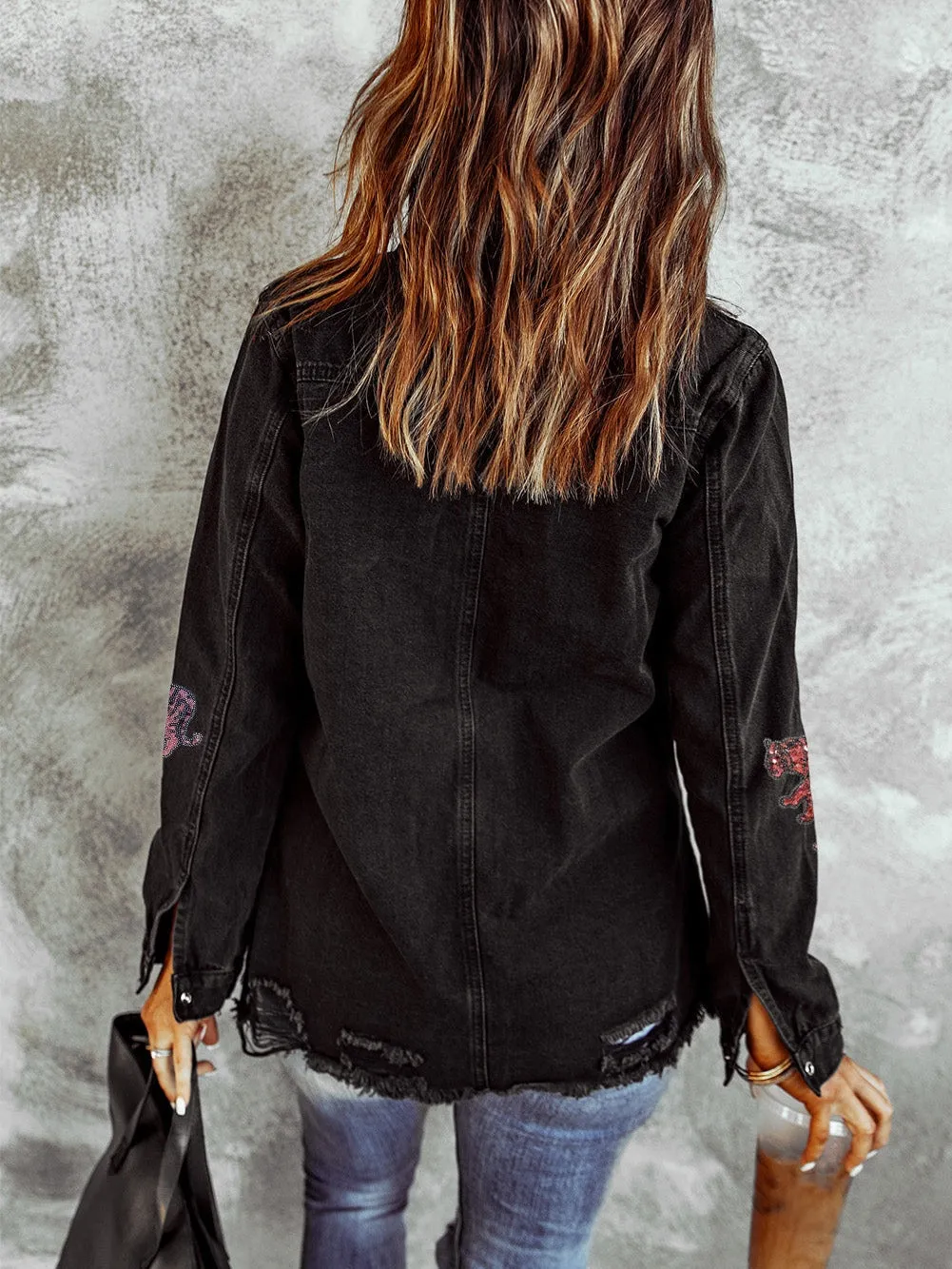 Black Denim Jacket with Rhinestone Tigers