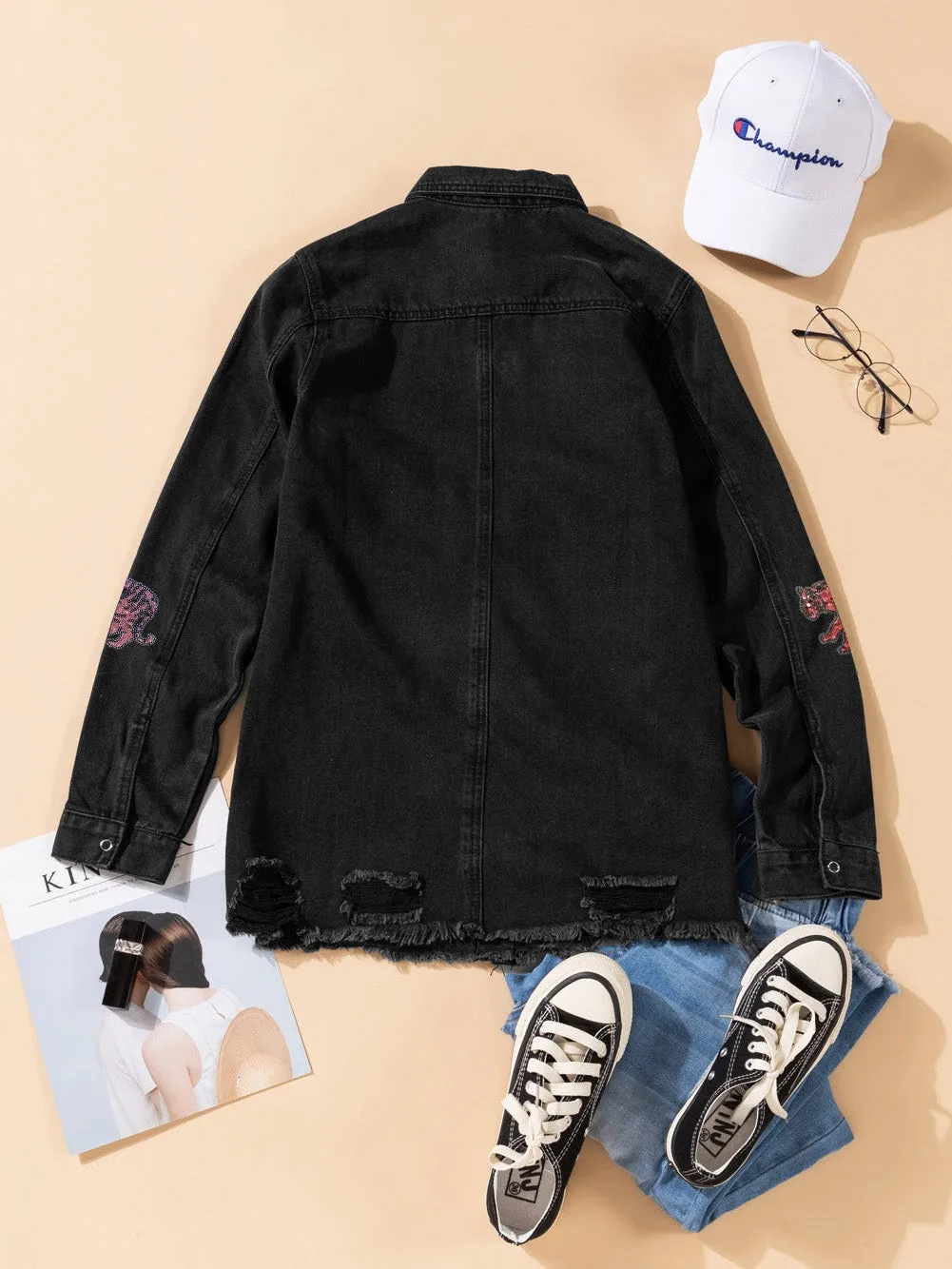 Black Denim Jacket with Rhinestone Tigers