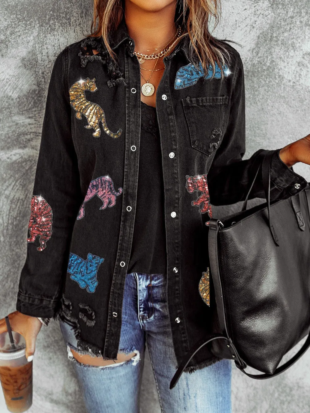 Black Denim Jacket with Rhinestone Tigers