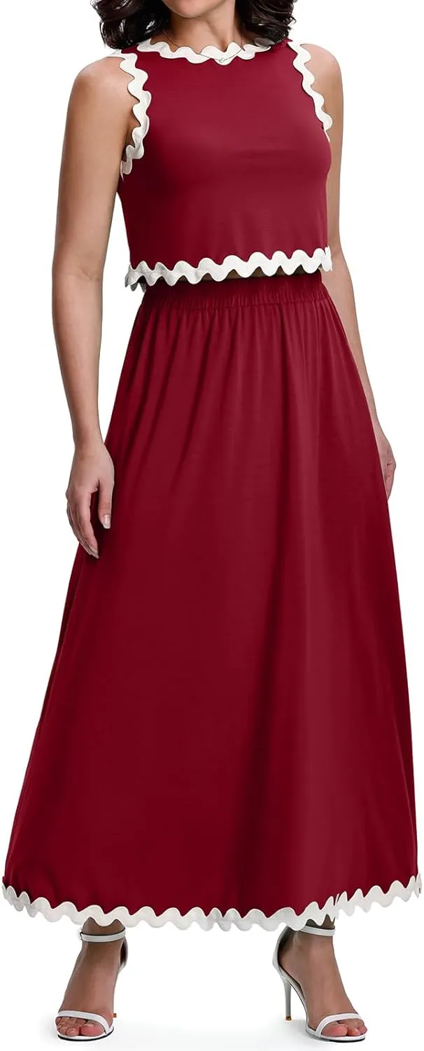 BLEVONH Womens 2 Piece Outfits Dressy Casual Summer Crop Tops Ric Rac Trim High Waisted Maxi Skirt Set with Pocket