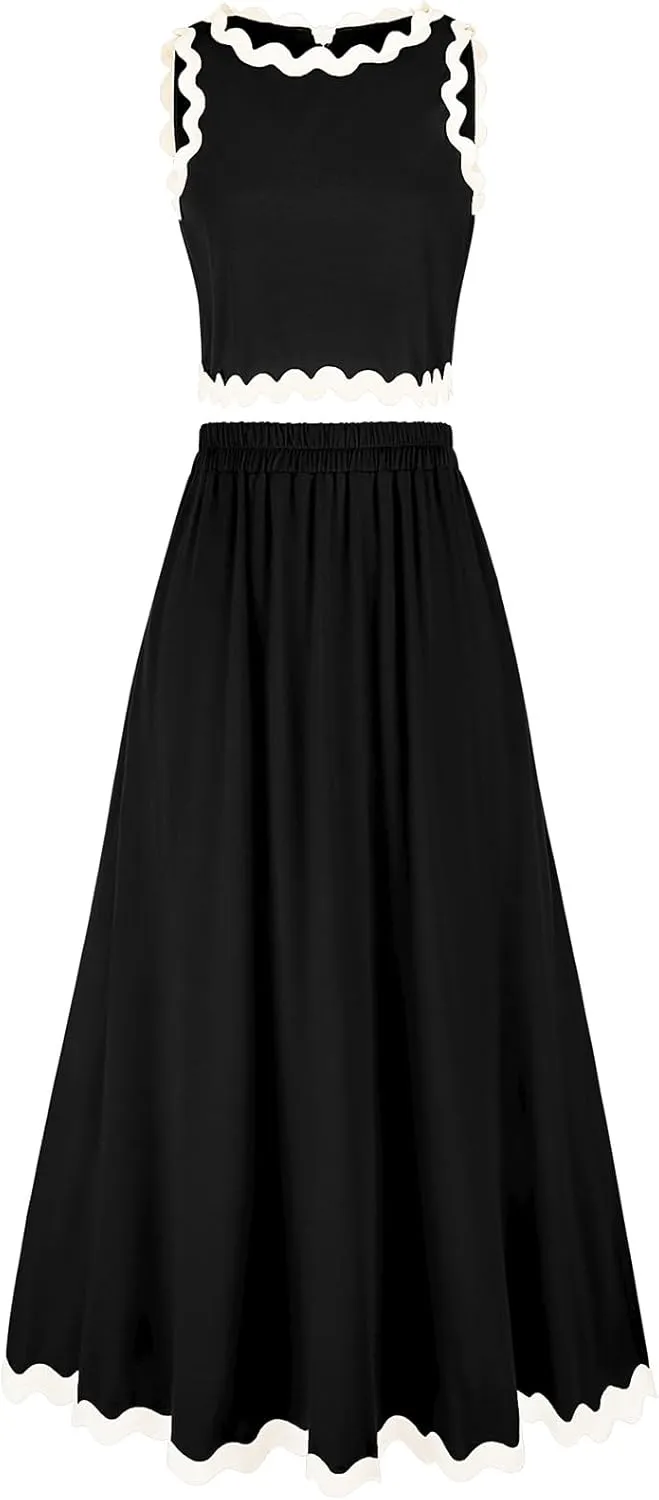 BLEVONH Womens 2 Piece Outfits Dressy Casual Summer Crop Tops Ric Rac Trim High Waisted Maxi Skirt Set with Pocket