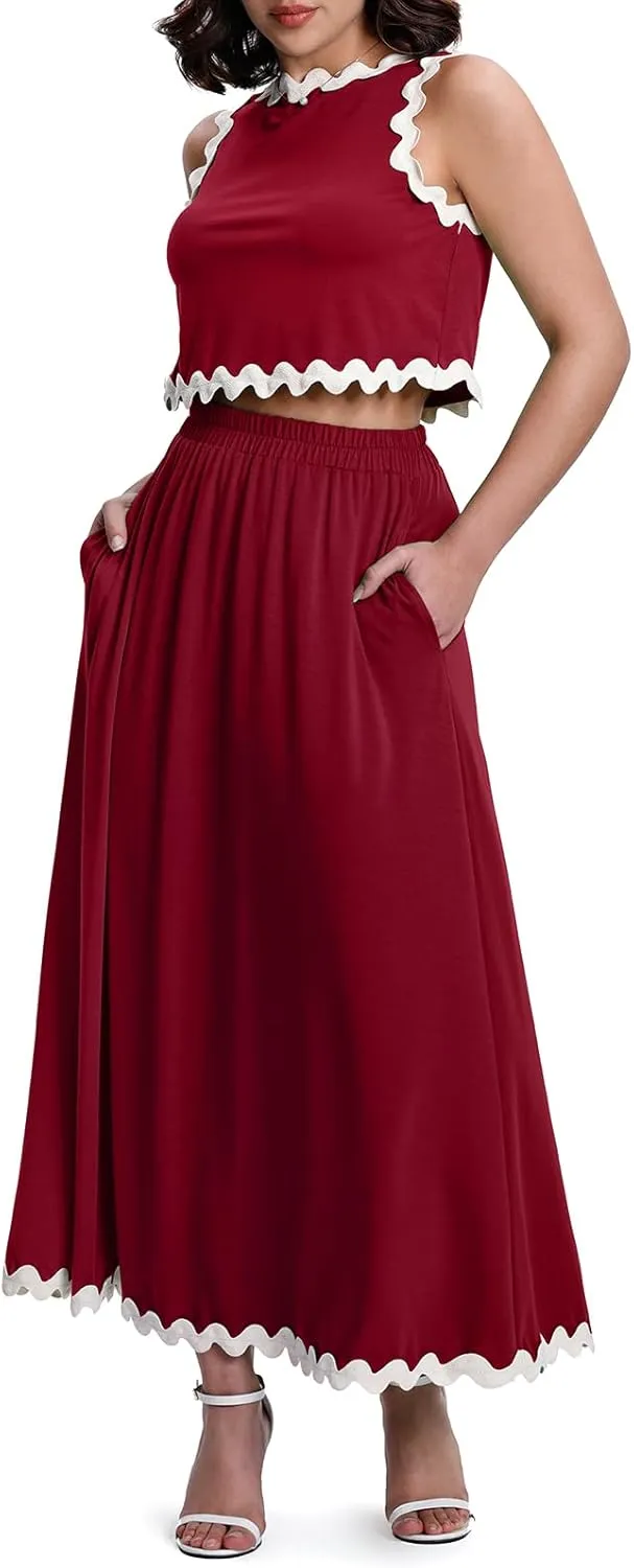 BLEVONH Womens 2 Piece Outfits Dressy Casual Summer Crop Tops Ric Rac Trim High Waisted Maxi Skirt Set with Pocket