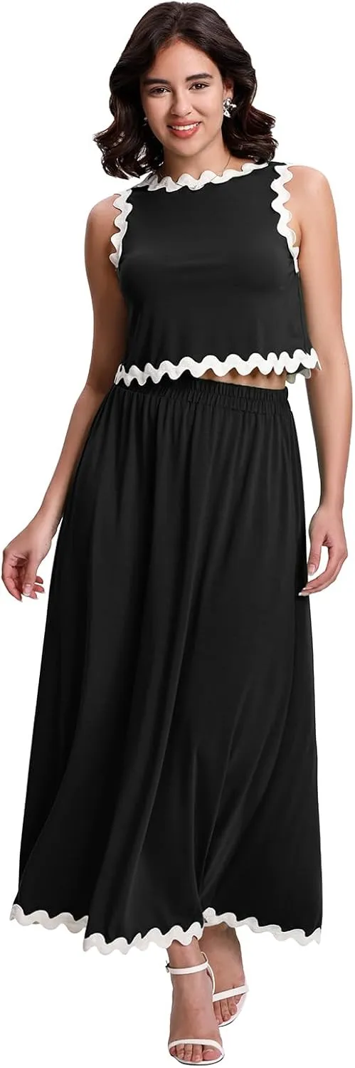 BLEVONH Womens 2 Piece Outfits Dressy Casual Summer Crop Tops Ric Rac Trim High Waisted Maxi Skirt Set with Pocket