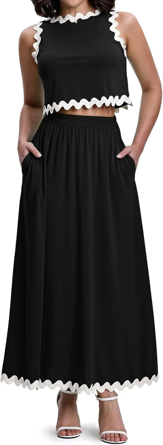 BLEVONH Womens 2 Piece Outfits Dressy Casual Summer Crop Tops Ric Rac Trim High Waisted Maxi Skirt Set with Pocket