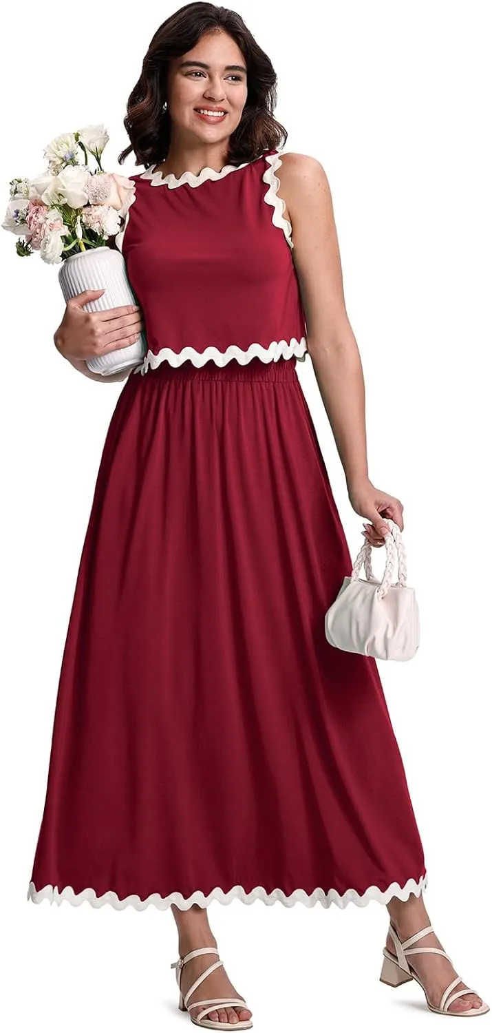 BLEVONH Womens 2 Piece Outfits Dressy Casual Summer Crop Tops Ric Rac Trim High Waisted Maxi Skirt Set with Pocket