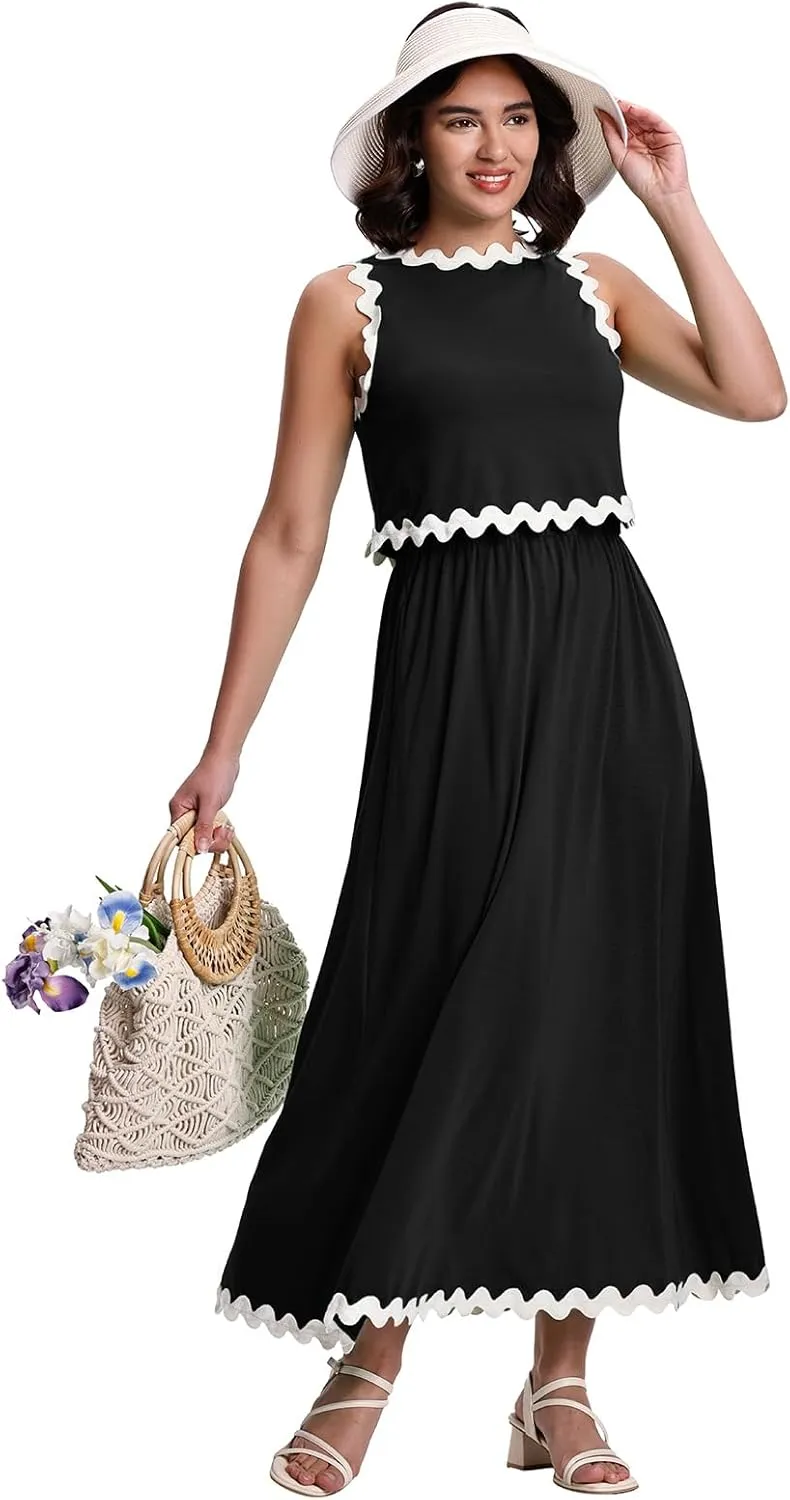 BLEVONH Womens 2 Piece Outfits Dressy Casual Summer Crop Tops Ric Rac Trim High Waisted Maxi Skirt Set with Pocket