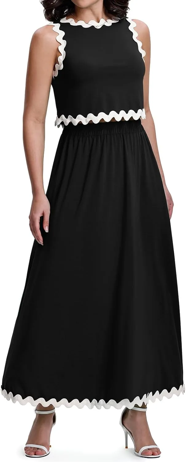 BLEVONH Womens 2 Piece Outfits Dressy Casual Summer Crop Tops Ric Rac Trim High Waisted Maxi Skirt Set with Pocket