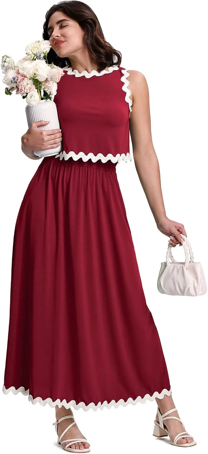 BLEVONH Womens 2 Piece Outfits Dressy Casual Summer Crop Tops Ric Rac Trim High Waisted Maxi Skirt Set with Pocket