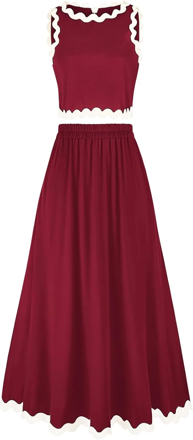 BLEVONH Womens 2 Piece Outfits Dressy Casual Summer Crop Tops Ric Rac Trim High Waisted Maxi Skirt Set with Pocket