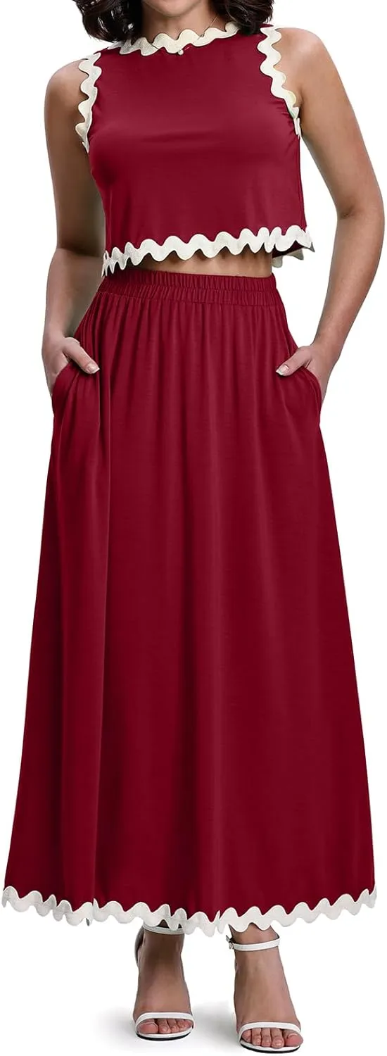 BLEVONH Womens 2 Piece Outfits Dressy Casual Summer Crop Tops Ric Rac Trim High Waisted Maxi Skirt Set with Pocket