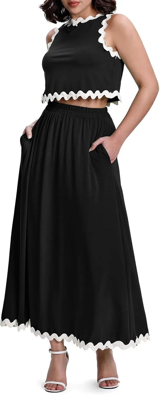 BLEVONH Womens 2 Piece Outfits Dressy Casual Summer Crop Tops Ric Rac Trim High Waisted Maxi Skirt Set with Pocket