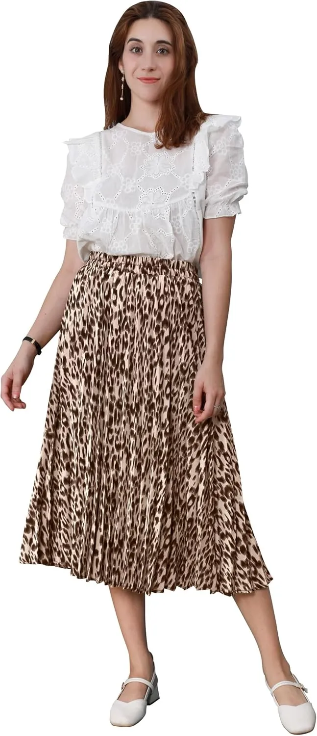 CHARTOU Womens Chic Elastic High Waisted A Line Leopard Print Pleated Shirring Midi-Long Skirt