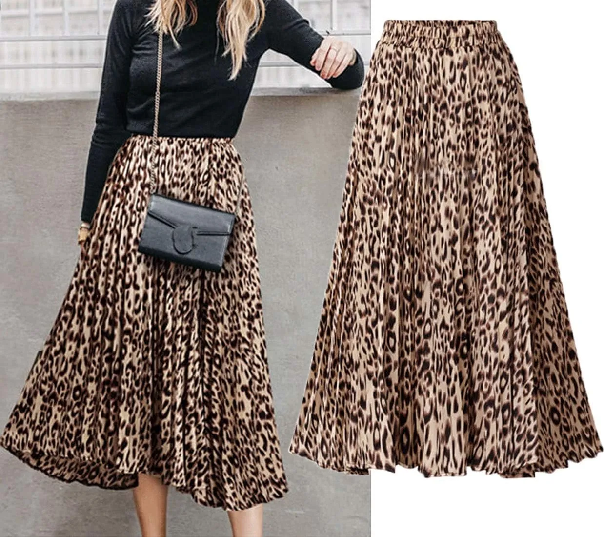 CHARTOU Womens Chic Elastic High Waisted A Line Leopard Print Pleated Shirring Midi-Long Skirt