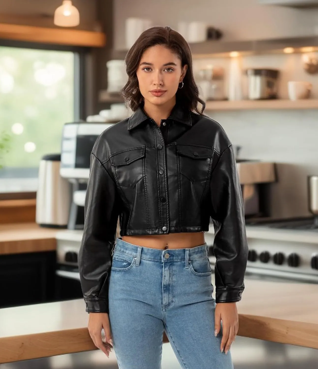 CHIGUO Women Faux Leather Cropped Jacket Trendy Moto Biker Short Jacket Fashion PU Coat Party Jacket