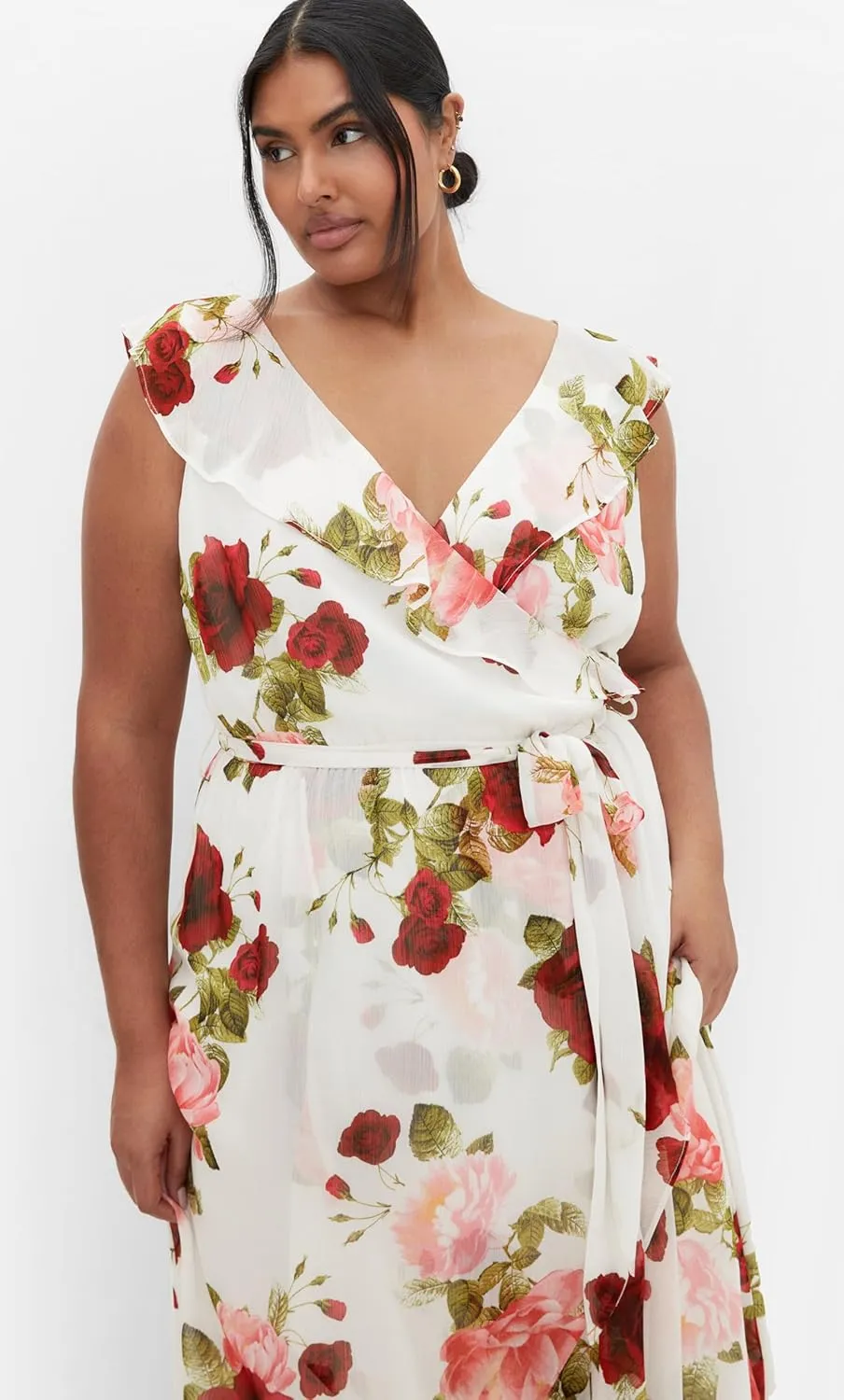 City Chic Women's Plus Size V Neckline Faux Wrap Ruffle Bust Hi Lo Floral Maxi Dress