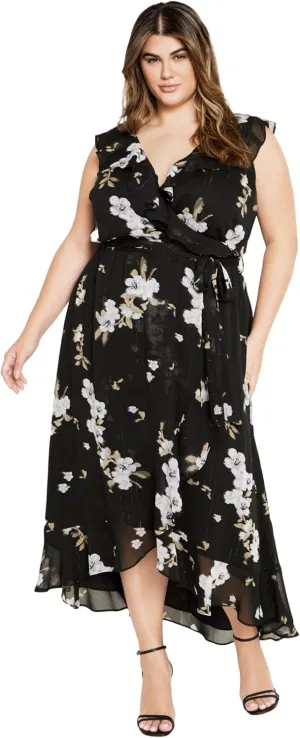 City Chic Women's Plus Size V Neckline Faux Wrap Ruffle Bust Hi Lo Floral Maxi Dress