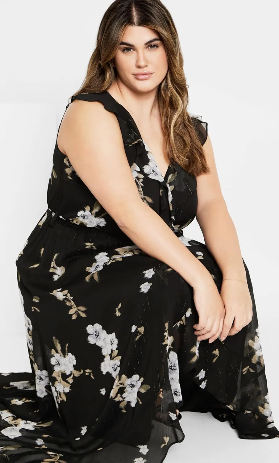 City Chic Women's Plus Size V Neckline Faux Wrap Ruffle Bust Hi Lo Floral Maxi Dress