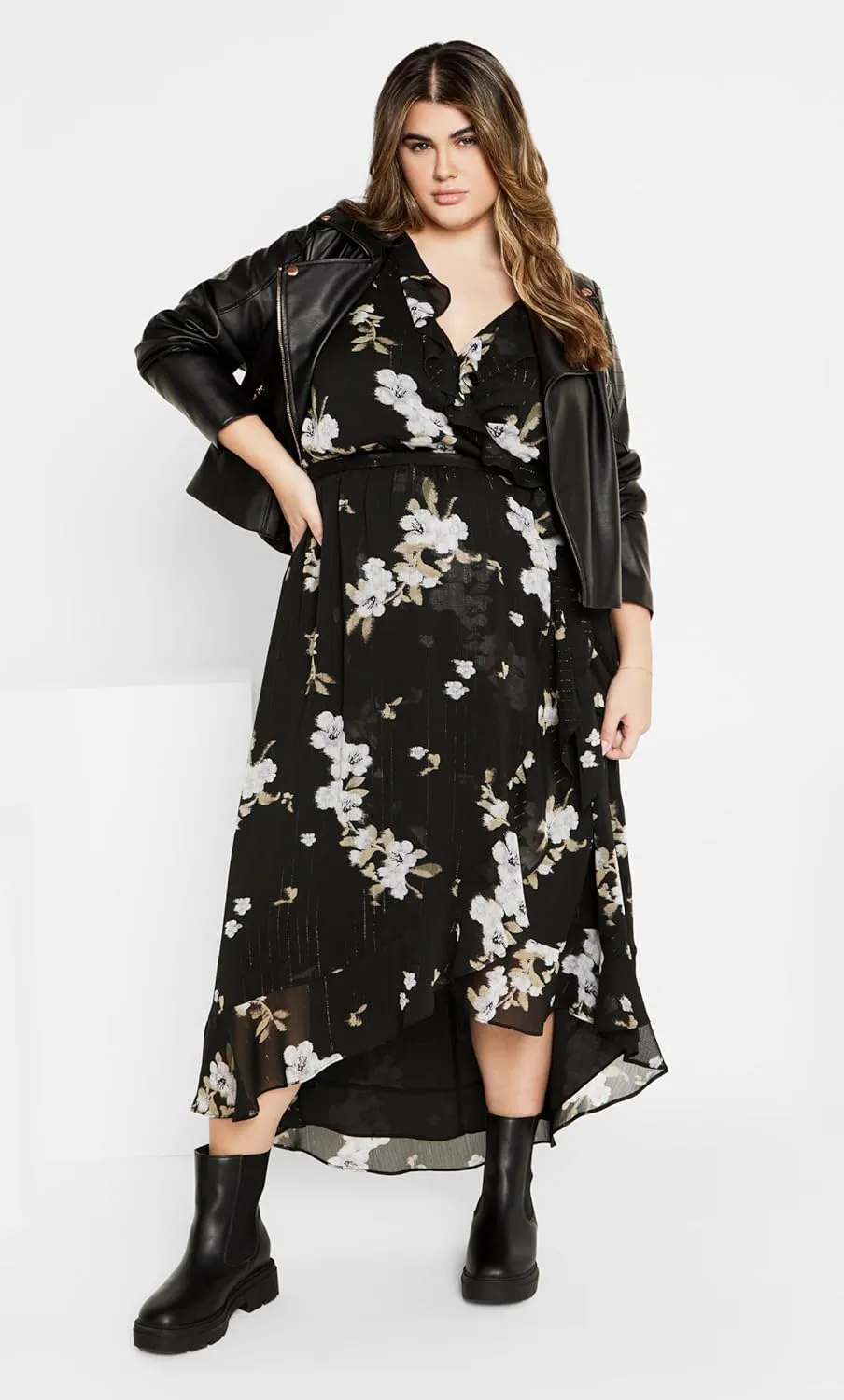 City Chic Women's Plus Size V Neckline Faux Wrap Ruffle Bust Hi Lo Floral Maxi Dress