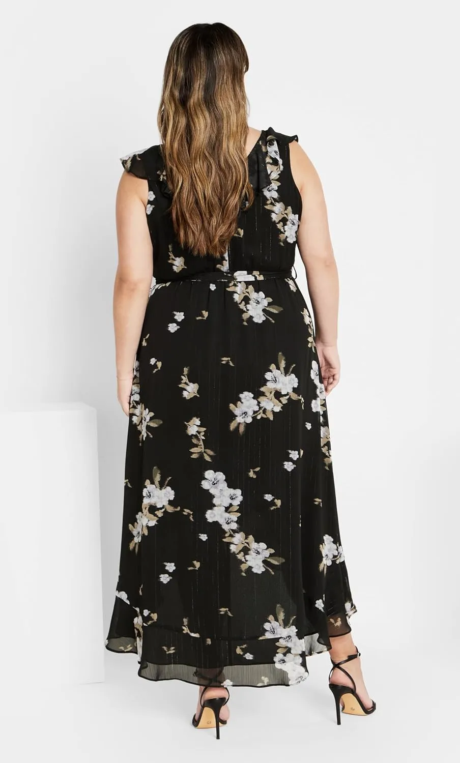 City Chic Women's Plus Size V Neckline Faux Wrap Ruffle Bust Hi Lo Floral Maxi Dress