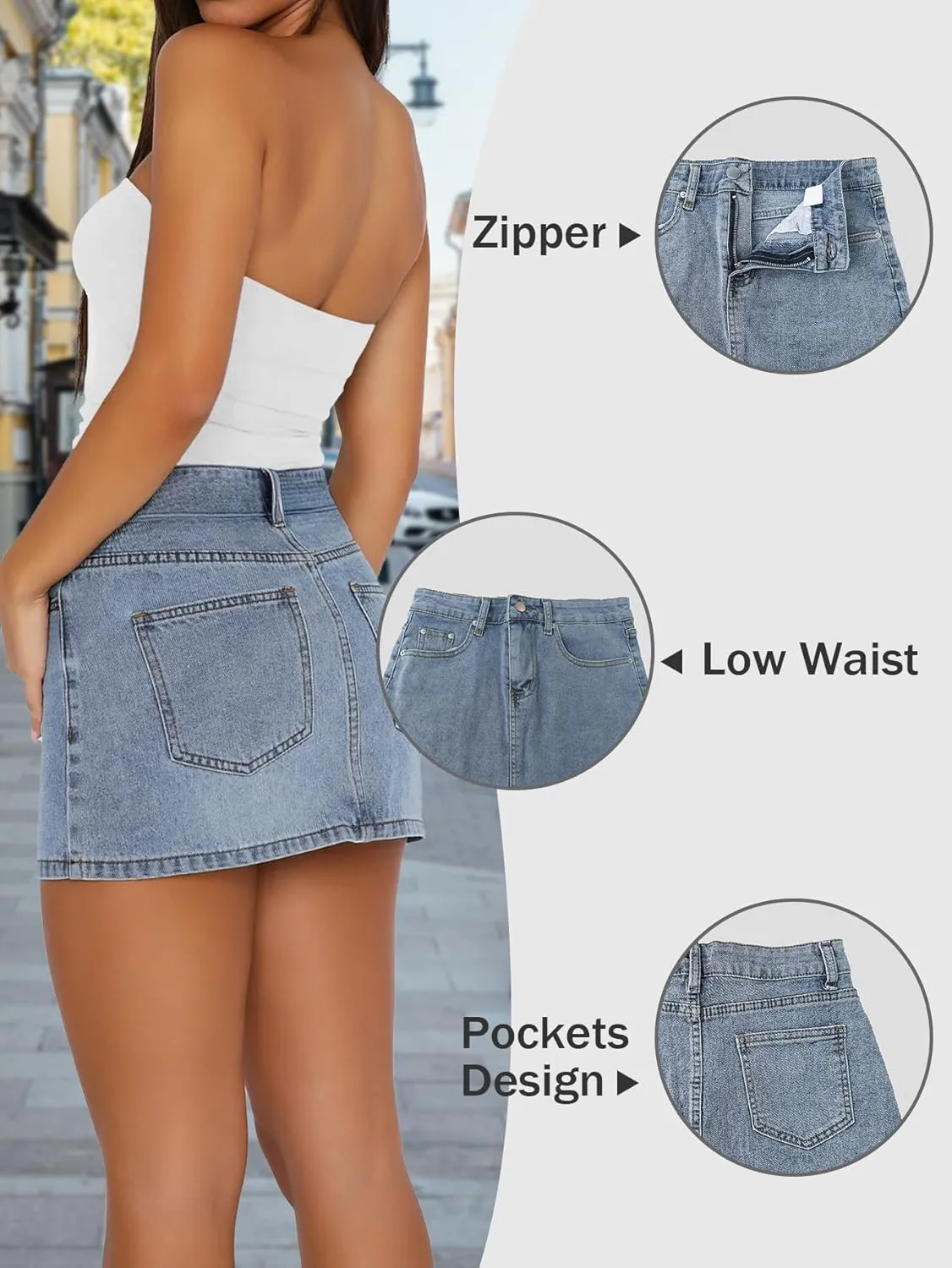 Denim Skort Skirts Women Casual Mini Jean Skirt Stretch Low Waisted Jean Skirt for Women Zip Fly Denim Skirt