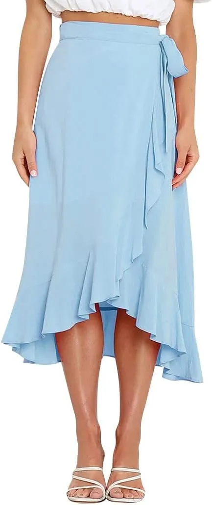 Ezcosplay Women Ruffle Wrap Skirt Tie Waist Boho High Low Asymmetrical Midi Beach Skirt