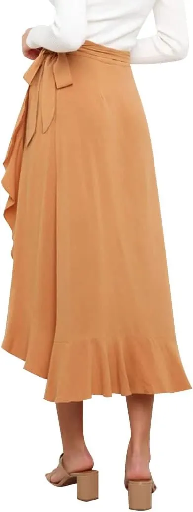 Ezcosplay Women Ruffle Wrap Skirt Tie Waist Boho High Low Asymmetrical Midi Beach Skirt