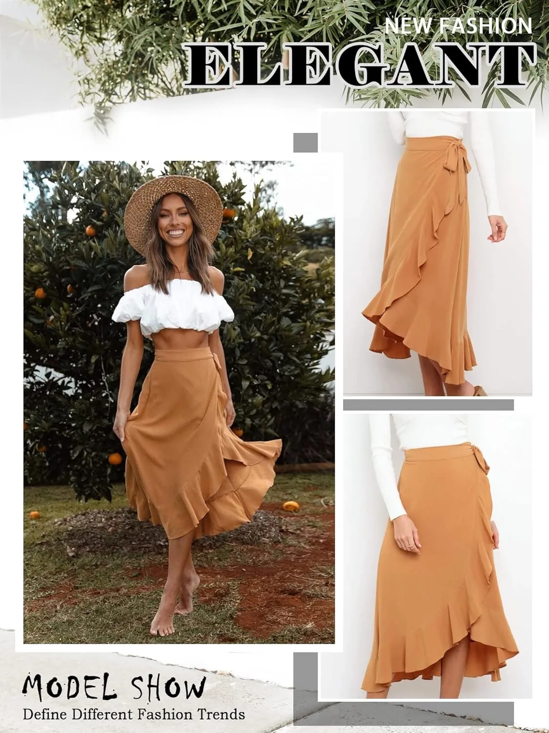 Ezcosplay Women Ruffle Wrap Skirt Tie Waist Boho High Low Asymmetrical Midi Beach Skirt