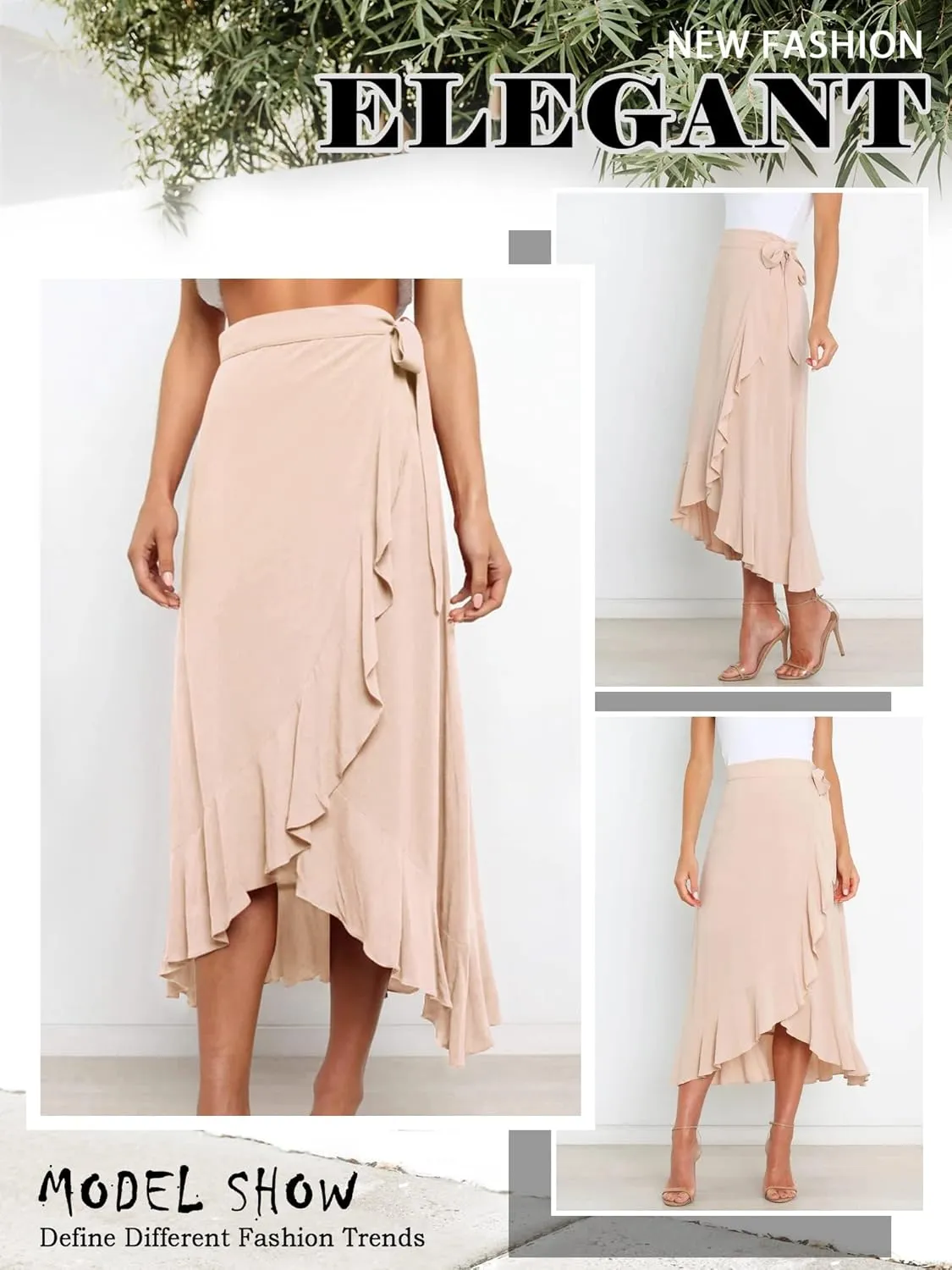 Ezcosplay Women Ruffle Wrap Skirt Tie Waist Boho High Low Asymmetrical Midi Beach Skirt