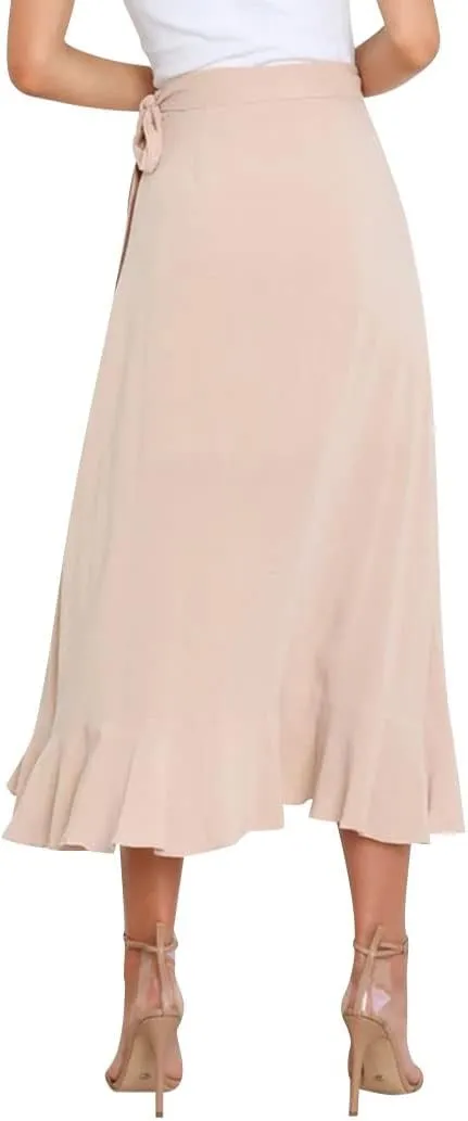 Ezcosplay Women Ruffle Wrap Skirt Tie Waist Boho High Low Asymmetrical Midi Beach Skirt