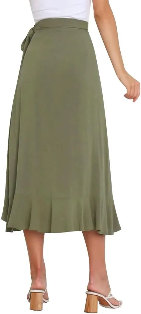 Ezcosplay Women Ruffle Wrap Skirt Tie Waist Boho High Low Asymmetrical Midi Beach Skirt