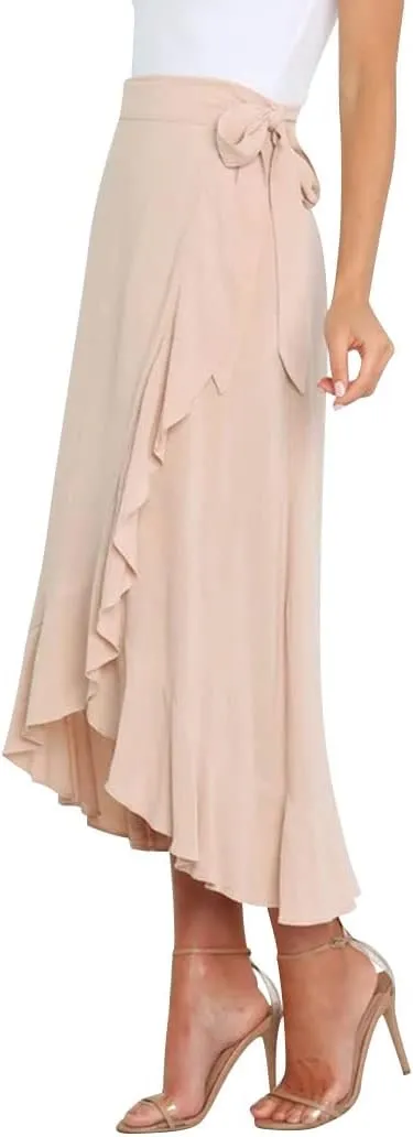 Ezcosplay Women Ruffle Wrap Skirt Tie Waist Boho High Low Asymmetrical Midi Beach Skirt