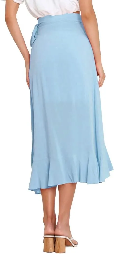 Ezcosplay Women Ruffle Wrap Skirt Tie Waist Boho High Low Asymmetrical Midi Beach Skirt