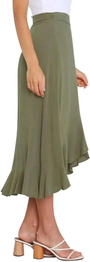 Ezcosplay Women Ruffle Wrap Skirt Tie Waist Boho High Low Asymmetrical Midi Beach Skirt