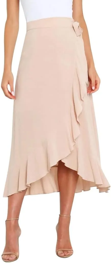 Ezcosplay Women Ruffle Wrap Skirt Tie Waist Boho High Low Asymmetrical Midi Beach Skirt