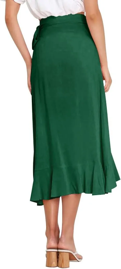Ezcosplay Women Ruffle Wrap Skirt Tie Waist Boho High Low Asymmetrical Midi Beach Skirt