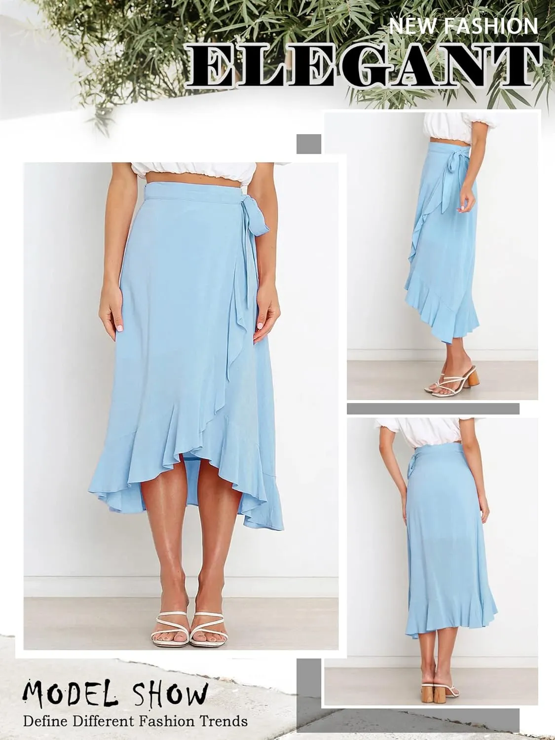 Ezcosplay Women Ruffle Wrap Skirt Tie Waist Boho High Low Asymmetrical Midi Beach Skirt