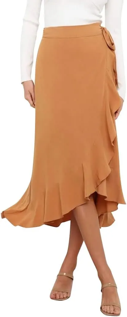 Ezcosplay Women Ruffle Wrap Skirt Tie Waist Boho High Low Asymmetrical Midi Beach Skirt
