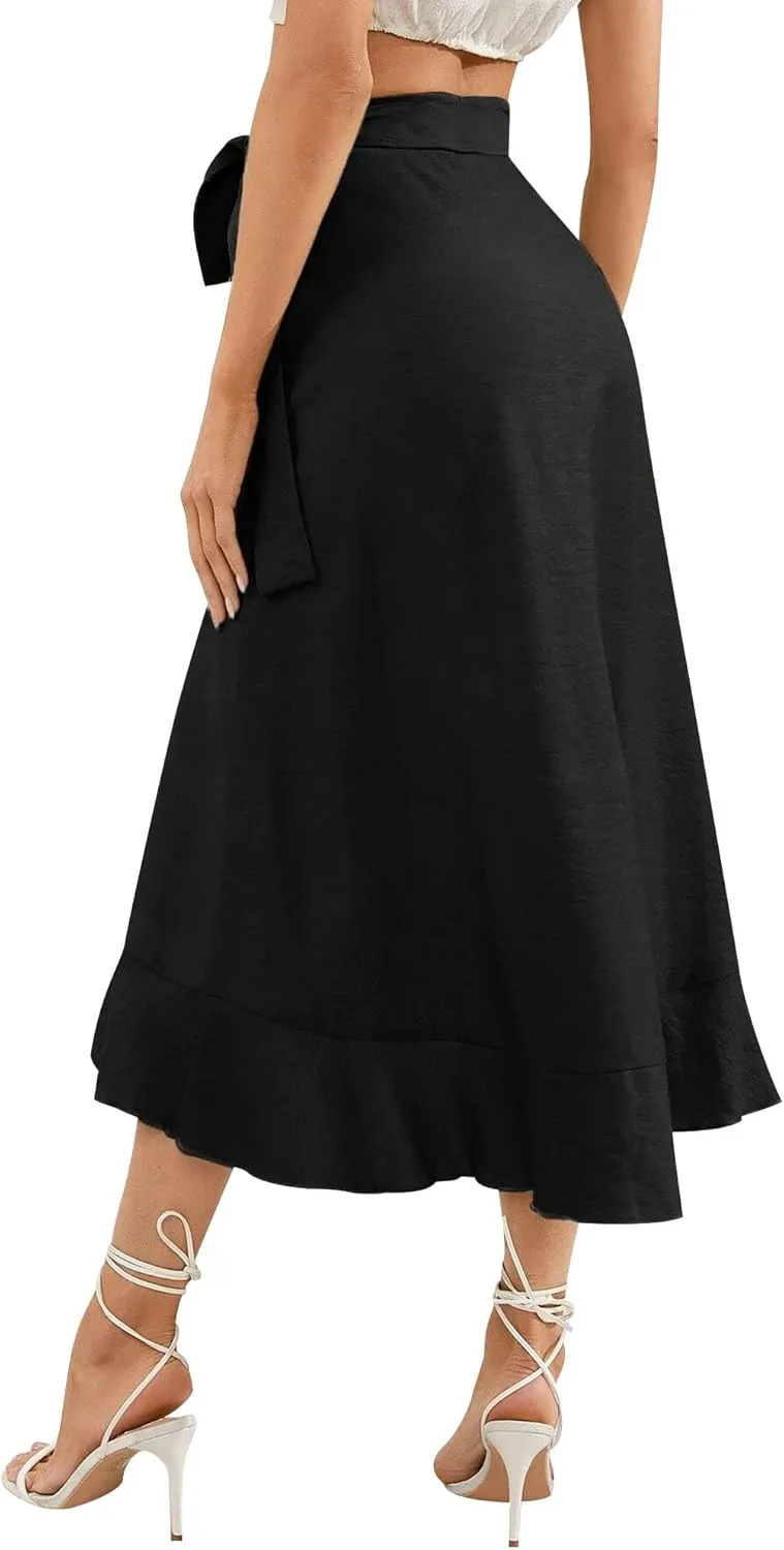 Ezcosplay Women Ruffle Wrap Skirt Tie Waist Boho High Low Asymmetrical Midi Beach Skirt