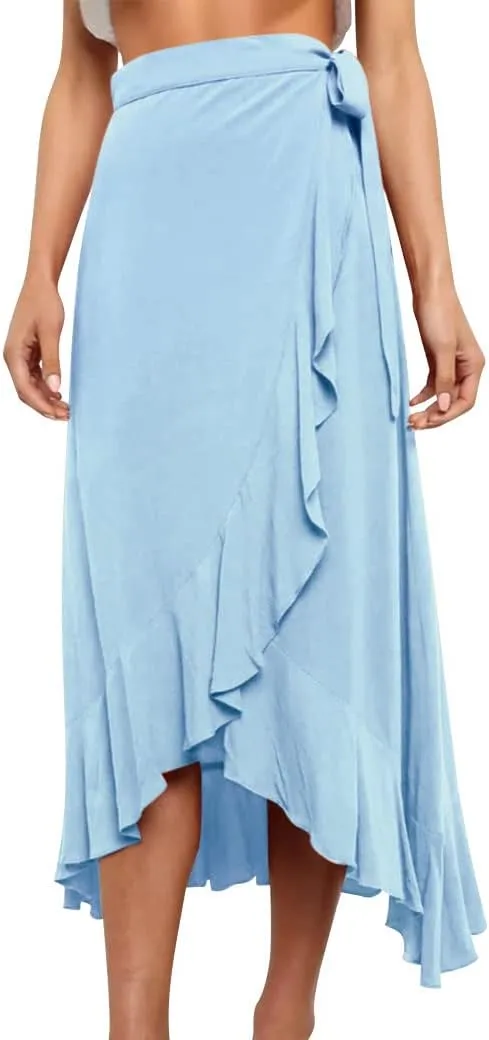 Ezcosplay Women Ruffle Wrap Skirt Tie Waist Boho High Low Asymmetrical Midi Beach Skirt