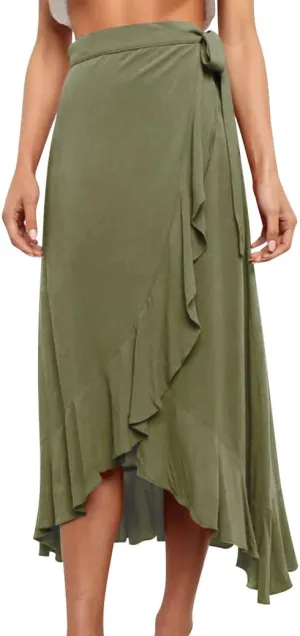 Ezcosplay Women Ruffle Wrap Skirt Tie Waist Boho High Low Asymmetrical Midi Beach Skirt