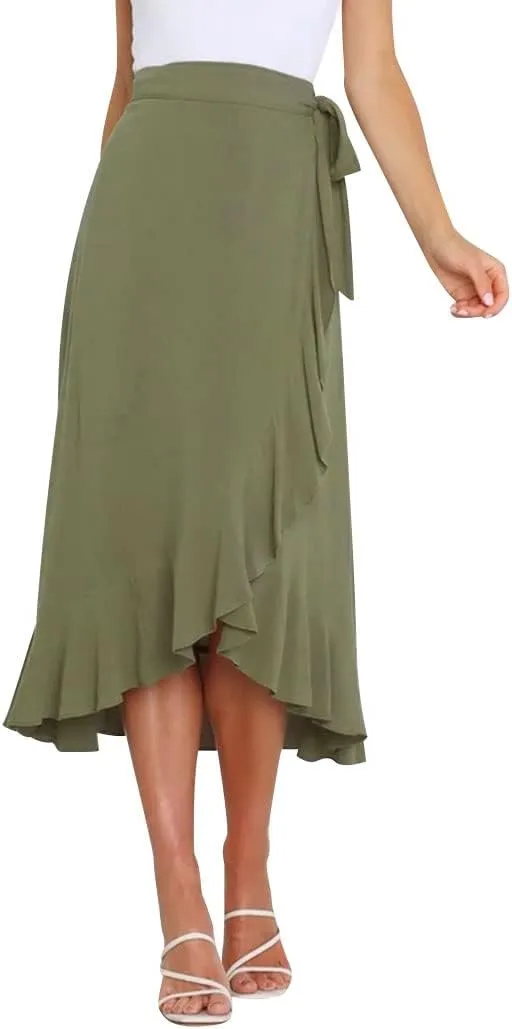 Ezcosplay Women Ruffle Wrap Skirt Tie Waist Boho High Low Asymmetrical Midi Beach Skirt