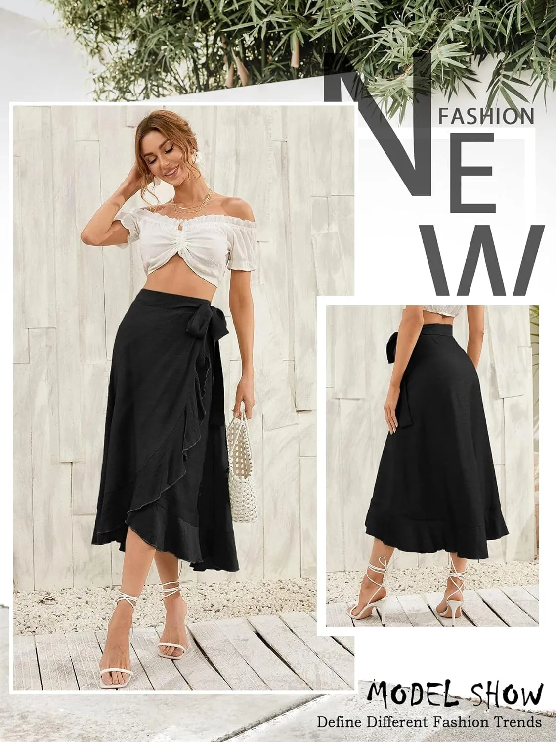 Ezcosplay Women Ruffle Wrap Skirt Tie Waist Boho High Low Asymmetrical Midi Beach Skirt