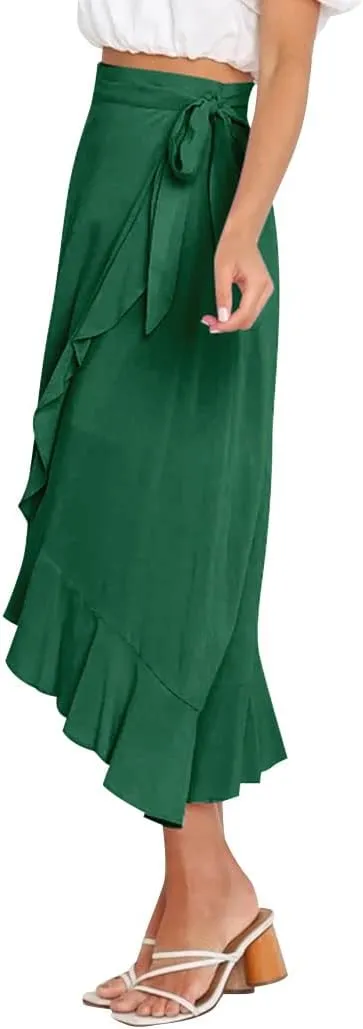 Ezcosplay Women Ruffle Wrap Skirt Tie Waist Boho High Low Asymmetrical Midi Beach Skirt