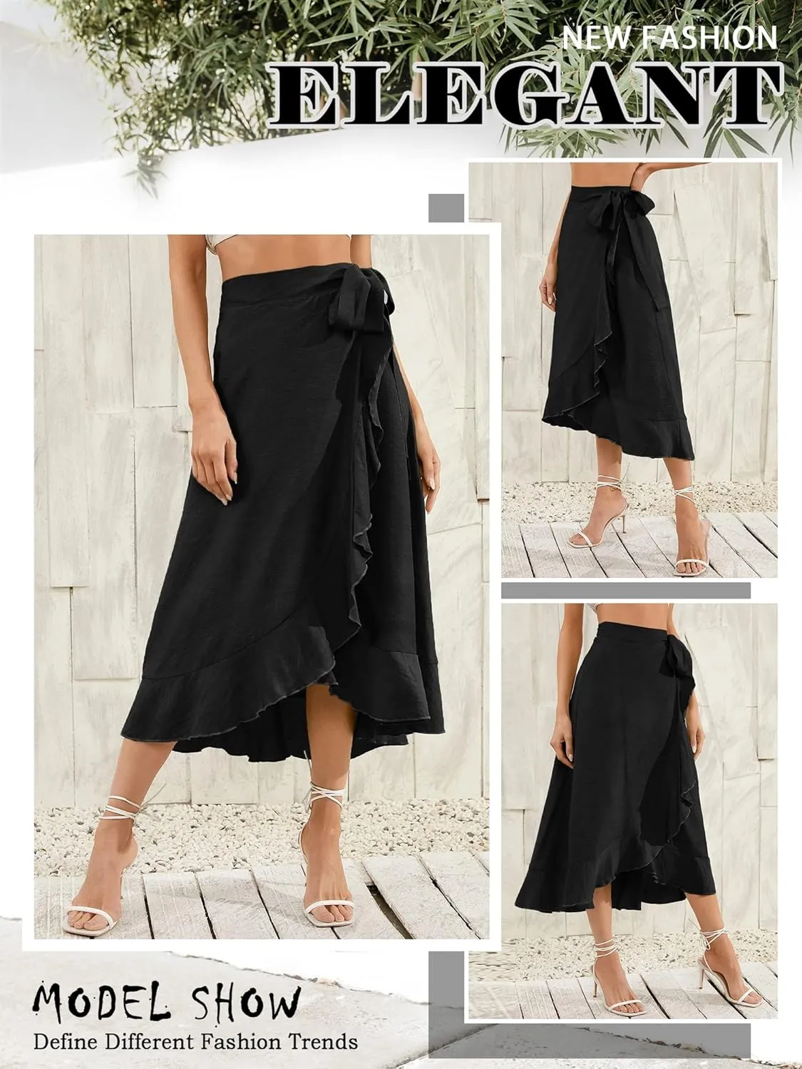 Ezcosplay Women Ruffle Wrap Skirt Tie Waist Boho High Low Asymmetrical Midi Beach Skirt