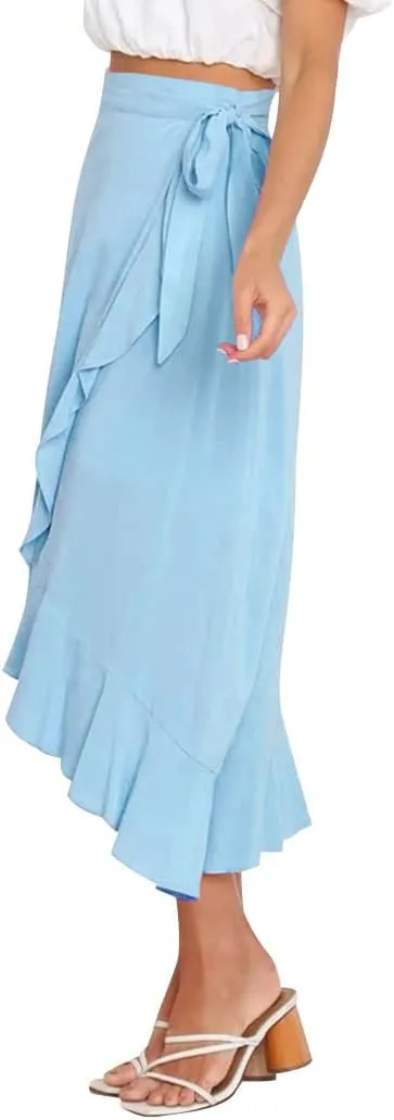 Ezcosplay Women Ruffle Wrap Skirt Tie Waist Boho High Low Asymmetrical Midi Beach Skirt
